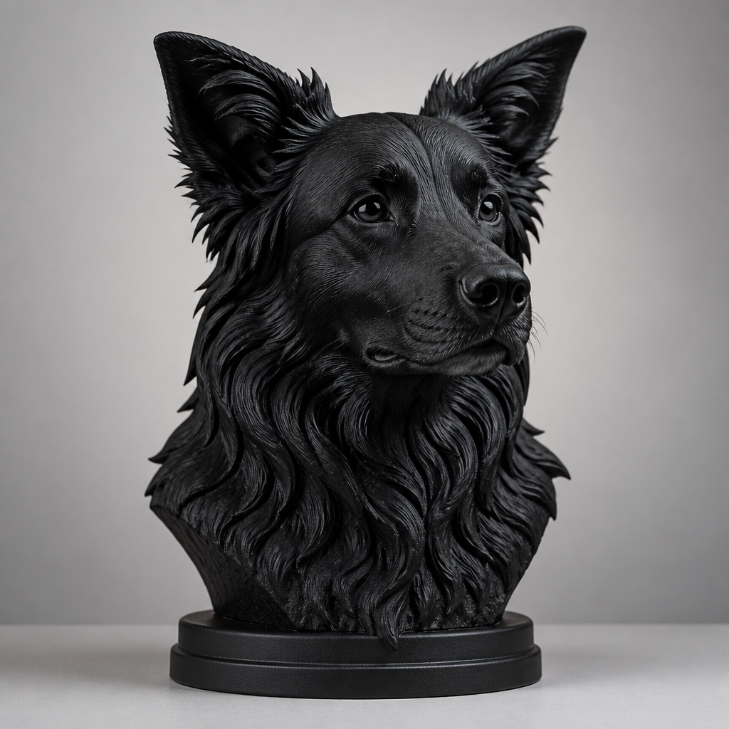A pet portrait bust hand-finished in matte black PLA
