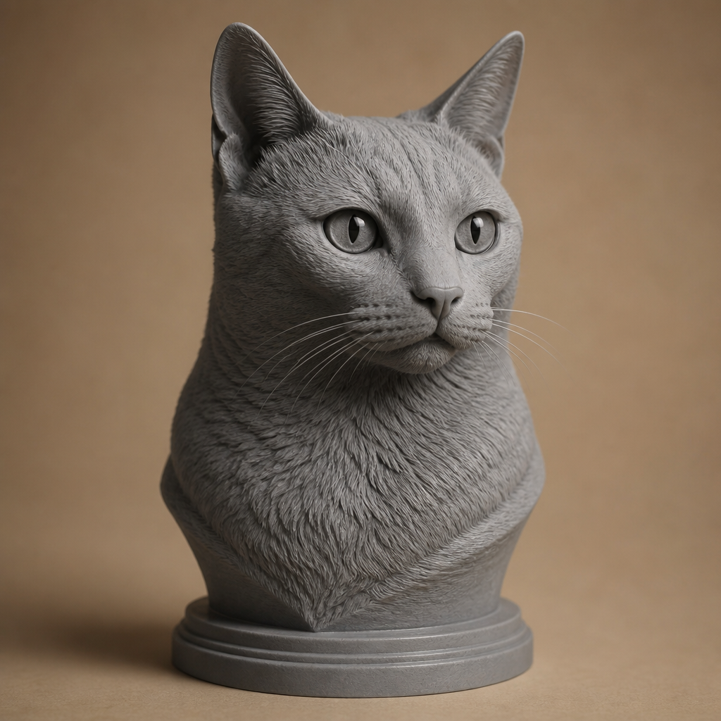 A pet portrait bust hand-finished in matte grey PLA