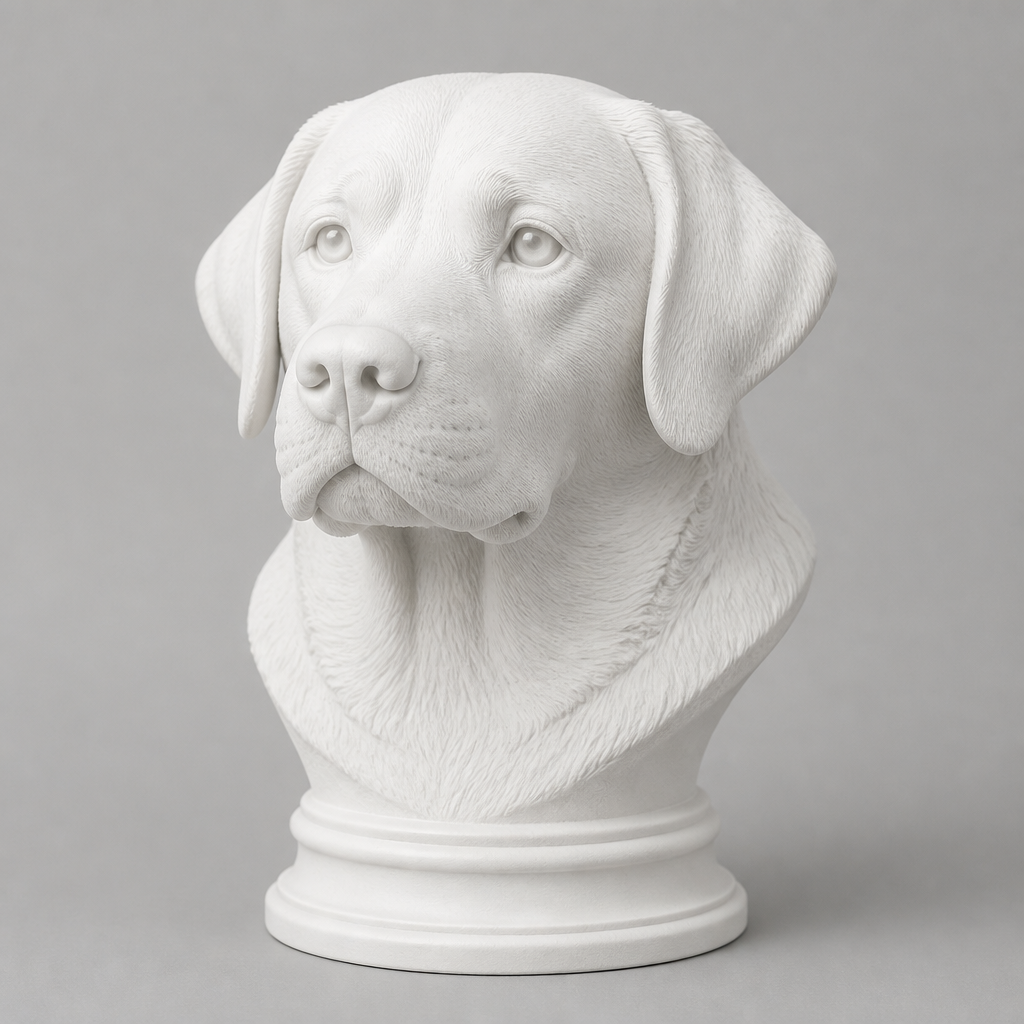 A pet portrait bust hand-finished in matte white PLA