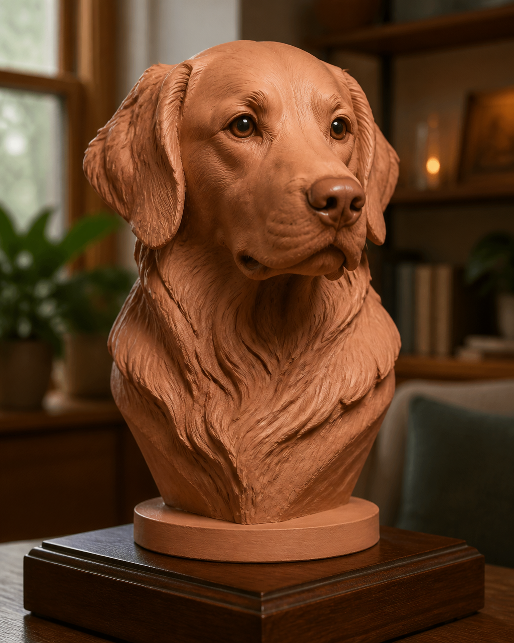A Golden Retriever portrait bust in a warm clay finish