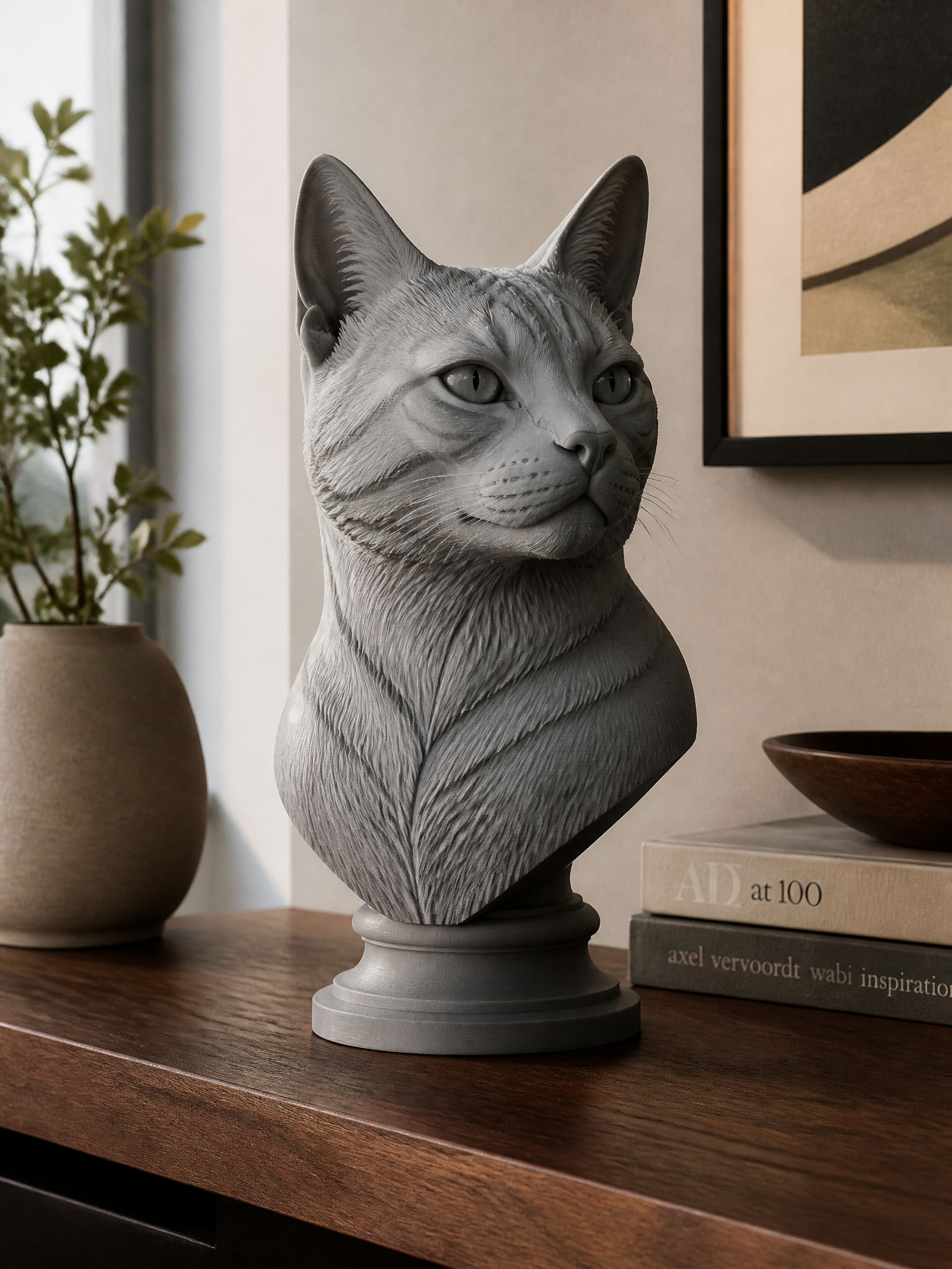 A tabby cat portrait bust in a matte finish